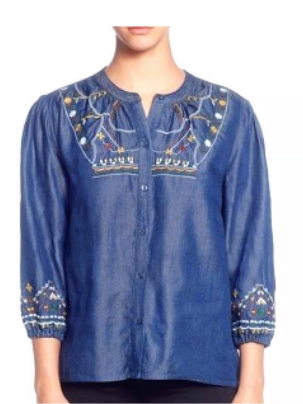 CATHERINE MALANDRINO Embroidered Chambray *Hemmed*Peasant top - read description - Picture 3 of 8
